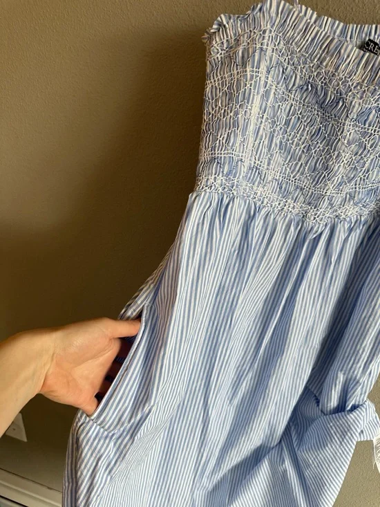 J. Crew Paloma Blue Pinstripe Smocked Maxi Dress Large - Picture 10 of 13